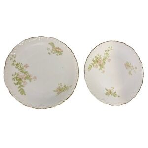 Vintage‎ Floral Plates Set of 2 Scalloped Gold Rim Pink Green Botanical